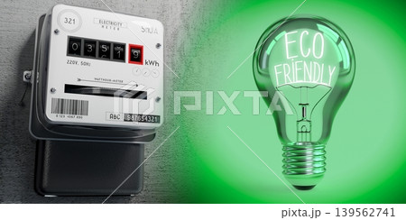 Electricity meter and light bulb - eco friendly concept - 3D illustration Electricity meter and light bulb - eco friendly concept - 3D illustration 139562741
