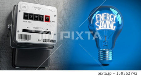 Electricity meter and light bulb - energy saving concept - 3D illustration 139562742