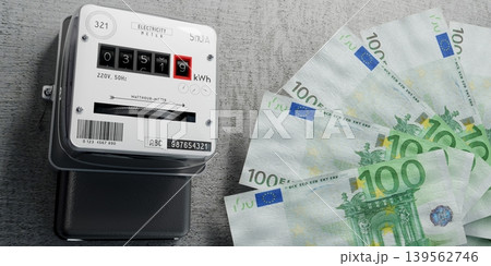 Electricity meter and euro banknotes - energy bill concept - 3D illustration Electricity meter and euro banknotes - energy bill concept - 3D illustration 139562746