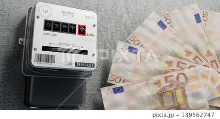 Electricity meter and euro banknotes - energy bill concept - 3D illustration Electricity meter and euro banknotes - energy bill concept - 3D illustration 139562747