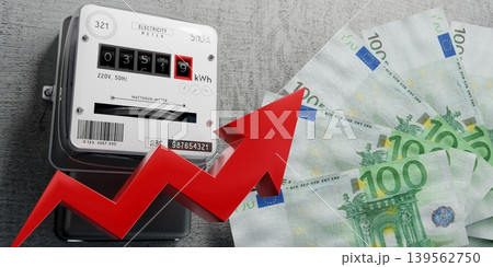 Electricity meter and euro banknotes - energy bill concept - 3D illustration Electricity meter and euro banknotes - energy bill concept - 3D illustration 139562750