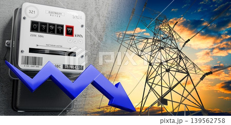 Electricity meter, pylons and downwards arrow - 3D illustration Electricity meter, pylons and downwards arrow - 3D illustration 139562758