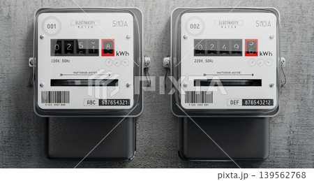 Electricity meters and concrete wall - 3D illustration Electricity meters and concrete wall - 3D illustration 139562768