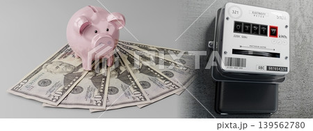 Electricity meter, piggy bank and 50 dollar bills - 3D illustration Electricity meter, piggy bank and 50 dollar bills - 3D illustration 139562780