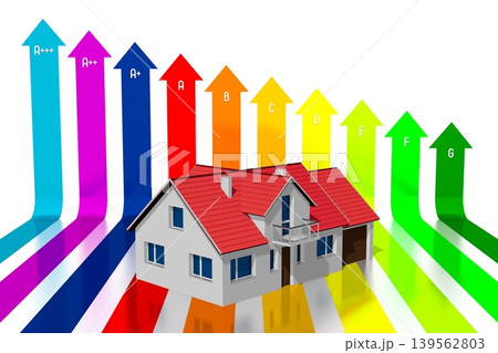 House shape and colorful arrows - power consumption, effectivity concept - 3D illustration House shape and colorful arrows - power consumption, effectivity concept - 3D illustration 139562803
