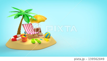 Beach Paradise with Palm Tree and Summer Accessories on blue background, travel concept 3d rendering Beach Paradise with Palm Tree and Summer Accessories on blue background, travel concept 3d rendering 139562849