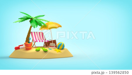 Beach Paradise with Palm Tree and Summer Accessories on blue background, travel concept 3d rendering Beach Paradise with Palm Tree and Summer Accessories on blue background, travel concept 3d rendering 139562850