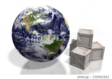 Wooden boxes and Earth - global transport concept - 3D illustration 139562922