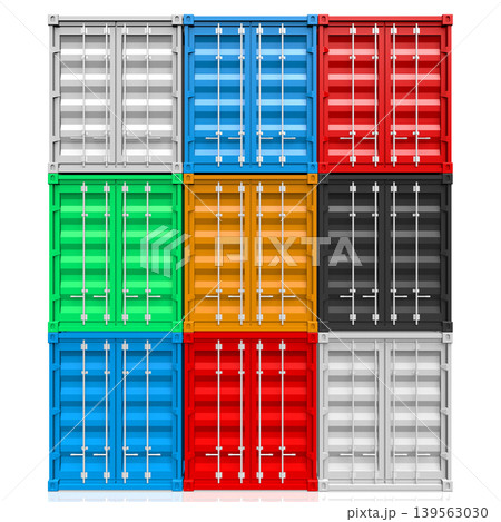 Nine colorful cargo containers isolated on white background - 3D illustration 139563030