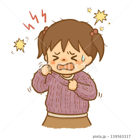 ニットのチクチクが不快で泣きそうな感覚過敏の女の子。触覚過敏や特性の理解、福祉・療育用イラスト。 139563317