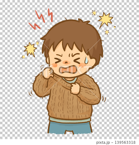 An illustration of a boy with sensory sensitivities who dislikes the itchy feeling of a sweater. This material is intended for raising awareness of tactile hypersensitivity and developmental disorders, and for educational and medical purposes. 139563318