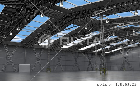Empty warehouse with roof windows and several pillars - 3D illustration Empty warehouse with roof windows and several pillars - 3D illustration 139563323