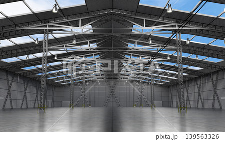 Empty warehouse with roof windows and several pillars - 3D illustration Empty warehouse with roof windows and several pillars - 3D illustration 139563326