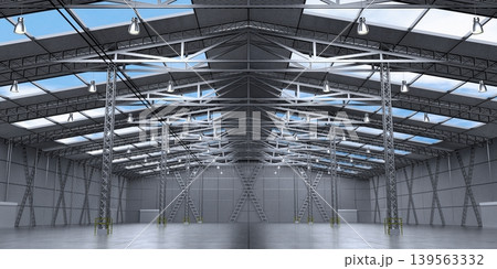 Empty warehouse with roof windows and several pillars - 3D illustration 139563332