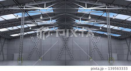 Empty warehouse with roof windows and several pillars - 3D illustration 139563333