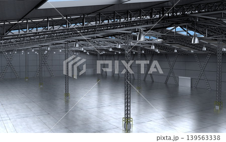 Empty warehouse with several pillars and hanging lamps - 3D illustration Empty warehouse with several pillars and hanging lamps - 3D illustration 139563338