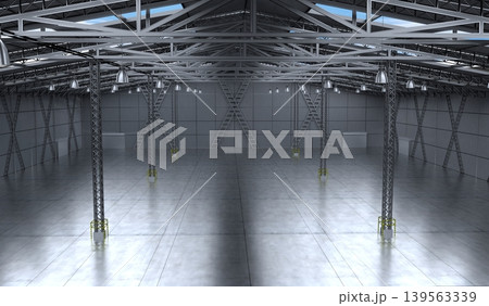 Empty warehouse with several pillars and hanging lamps - 3D illustration Empty warehouse with several pillars and hanging lamps - 3D illustration 139563339