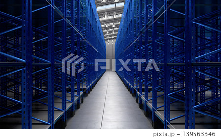 Warehouse with empty shelves - 3D illustration Warehouse with empty shelves - 3D illustration 139563346