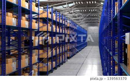 Warehouse with packages on shelves - 3D illustration Warehouse with packages on shelves - 3D illustration 139563370