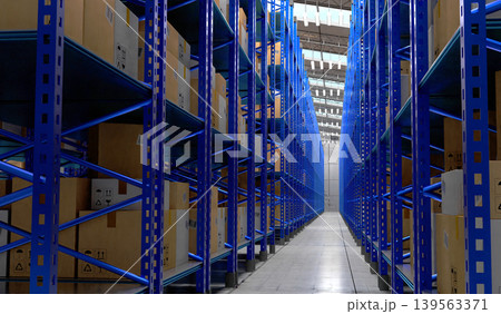 Warehouse with packages on shelves - 3D illustration Warehouse with packages on shelves - 3D illustration 139563371
