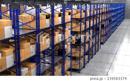 Warehouse with packages on shelves - 3D illustration 139563374
