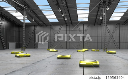 Yellow autonomous robots in warehouse - 3D illustration Yellow autonomous robots in warehouse - 3D illustration 139563404