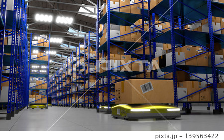 Warehouse with packages, rack shelves and robots - 3D illustration Warehouse with packages, rack shelves and robots - 3D illustration 139563422