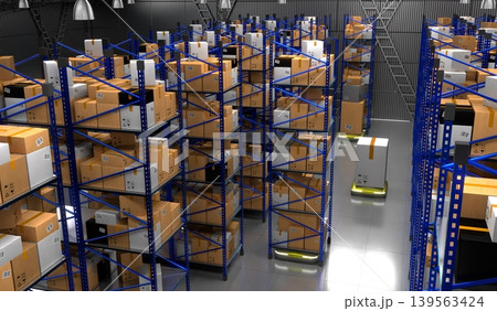 Warehouse with packages, rack shelves and robots - 3D illustration Warehouse with packages, rack shelves and robots - 3D illustration 139563424