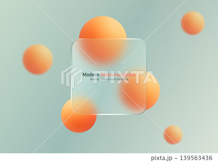 Frosted glass square with orange gradient spheres on a soft sage background 139563436