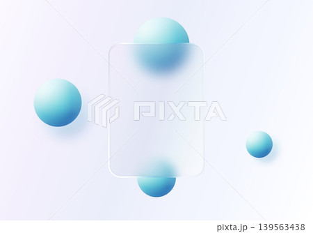 Vertical panel of frosted glass with floating turquoise spheres on a pale lavender background. 139563438
