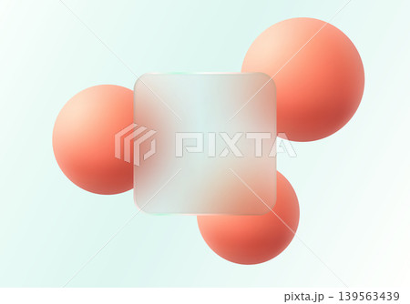 Coral gradient spheres with frosted glass square banner on pale mint background. 139563439