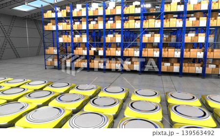 Warehouse with packages, rack shelves and robots - 3D illustration Warehouse with packages, rack shelves and robots - 3D illustration 139563492