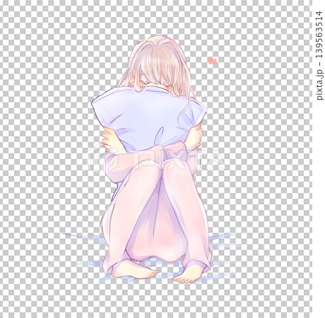 A woman hugging a cushion; love; on a bed. A woman hugging a cushion; love; on a bed. 139563514