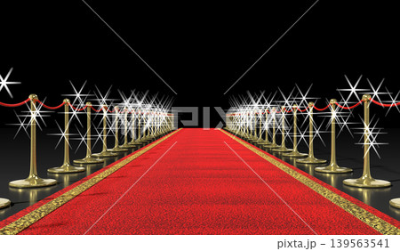 Red Carpet, Golden Stanchions and Camera Flashes - 3d illustration 139563541