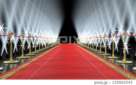 Red Carpet, Spotlights, Golden Stanchions and Camera Flashes - 3d illustration 139563543