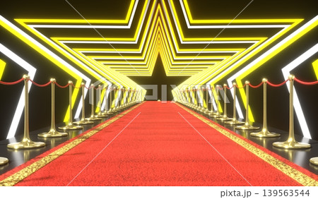 Red Carpet, Golden Stanchions and Star Shapes - 3d illustration 139563544