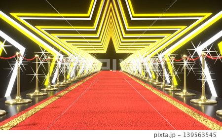 Red Carpet, Golden Stanchions, Star Shapes and Camera Flashes - 3d illustration 139563545