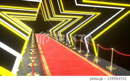 Red Carpet, Golden Stanchions and Star Shapes - 3d illustration Red Carpet, Golden Stanchions and Star Shapes - 3d illustration 139563552