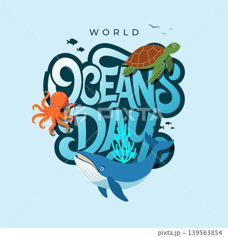 World Oceans Day Typography Design with marine life creatures World Oceans Day Typography Design with marine life creatures 139563854