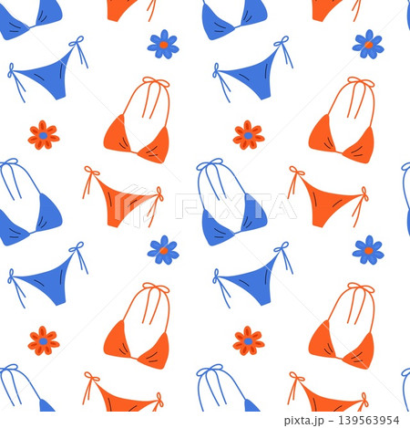 Seamless background with blue and orange bikinis and flowers in hand drawn style Seamless background with blue and orange bikinis and flowers in hand drawn style 139563954