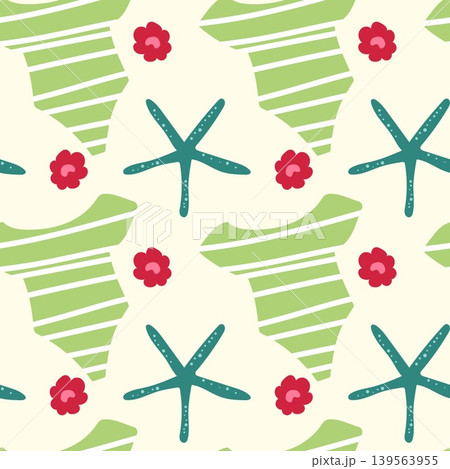 Seamless pattern with striped one piece swimsuit starfish and flowers for summer 139563955