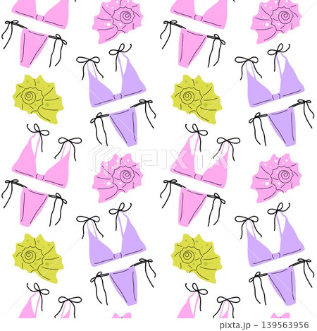Beach seamless pattern with pink and purple bikinis and sea shells on white 139563956
