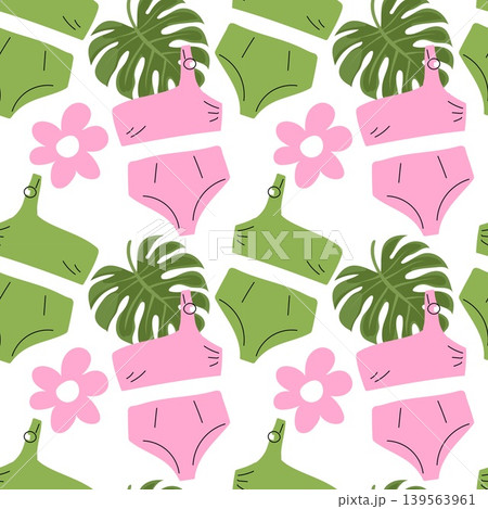 Tropical seamless pattern with pink and green bikinis monstera leaf and flowers Tropical seamless pattern with pink and green bikinis monstera leaf and flowers 139563961
