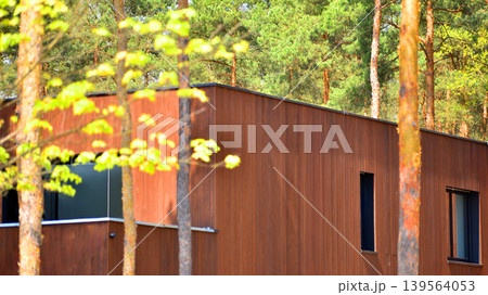 Villa surrounded by trees on bright sunny day. Beautiful exterior of modern luxury home with linear design and elegant use of wood and metal. Villa surrounded by trees on bright sunny day. Beautiful exterior of modern luxury home with linear design and elegant use of wood and metal. 139564053