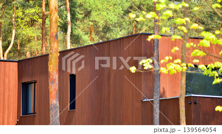 Villa surrounded by trees on bright sunny day. Beautiful exterior of modern luxury home with linear design and elegant use of wood and metal. Villa surrounded by trees on bright sunny day. Beautiful exterior of modern luxury home with linear design and elegant use of wood and metal. 139564054