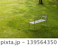 Vintage white metal garden chair on an empty green lawn in a peaceful backyard garden 139564350