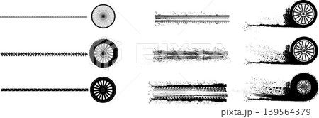 Vector set of various tire tracks, wheel prints, and grunge ink splatters on white background Vector set of various tire tracks, wheel prints, and grunge ink splatters on white background 139564379