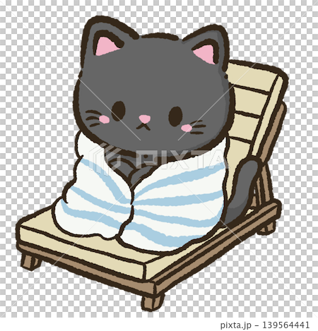 Cute kawaii black cat wrapped in striped beach towel relaxing on lounge chair cozy summer illustration 139564441