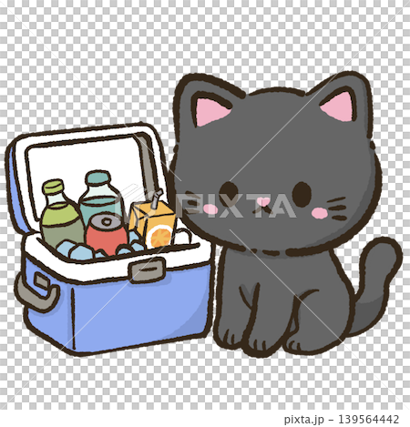 Cute kawaii black cat beside picnic cooler filled with tropical drinks beach day summer clipart illustration Cute kawaii black cat beside picnic cooler filled with tropical drinks beach day summer clipart illustration 139564442
