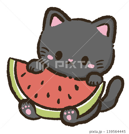 Cute kawaii black cat hugging giant watermelon slice sweet fruity summer clipart illustration 139564445